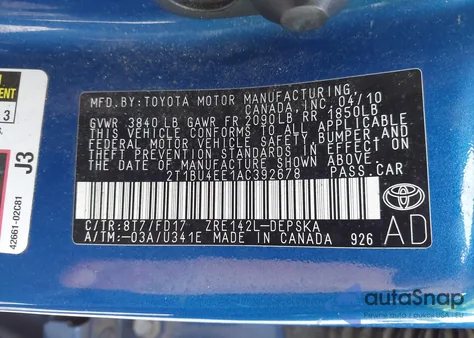 2010 Toyota Corolla S из США, поврежденный, VIN 2T1BU4EE1AC392678